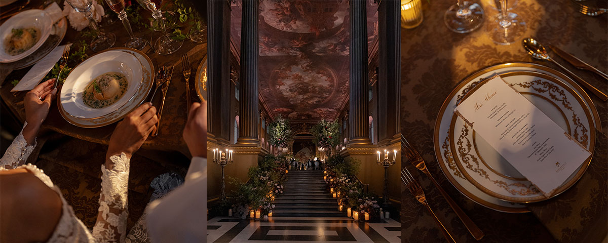 A collage of a food spread and crafted menu for a wedding day meal