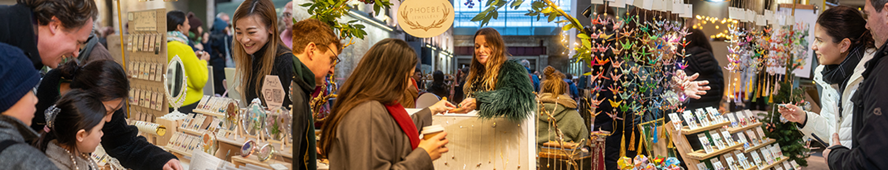 london venue used for christmas market, lady trading her jewellery at a stand